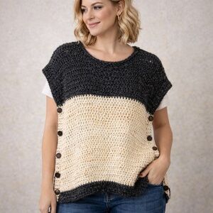 Boho Drop Shoulder Relaxed Fit Oversized Crochet Sweater Tee Black Cream Casual